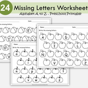 Hojas de trabajo del alfabeto imprimibles para preescolar, libro de trabajo de letras faltantes, reconocimiento de letras de la A a la Z, tema de otoño, actividades matutinas para niños pequeños