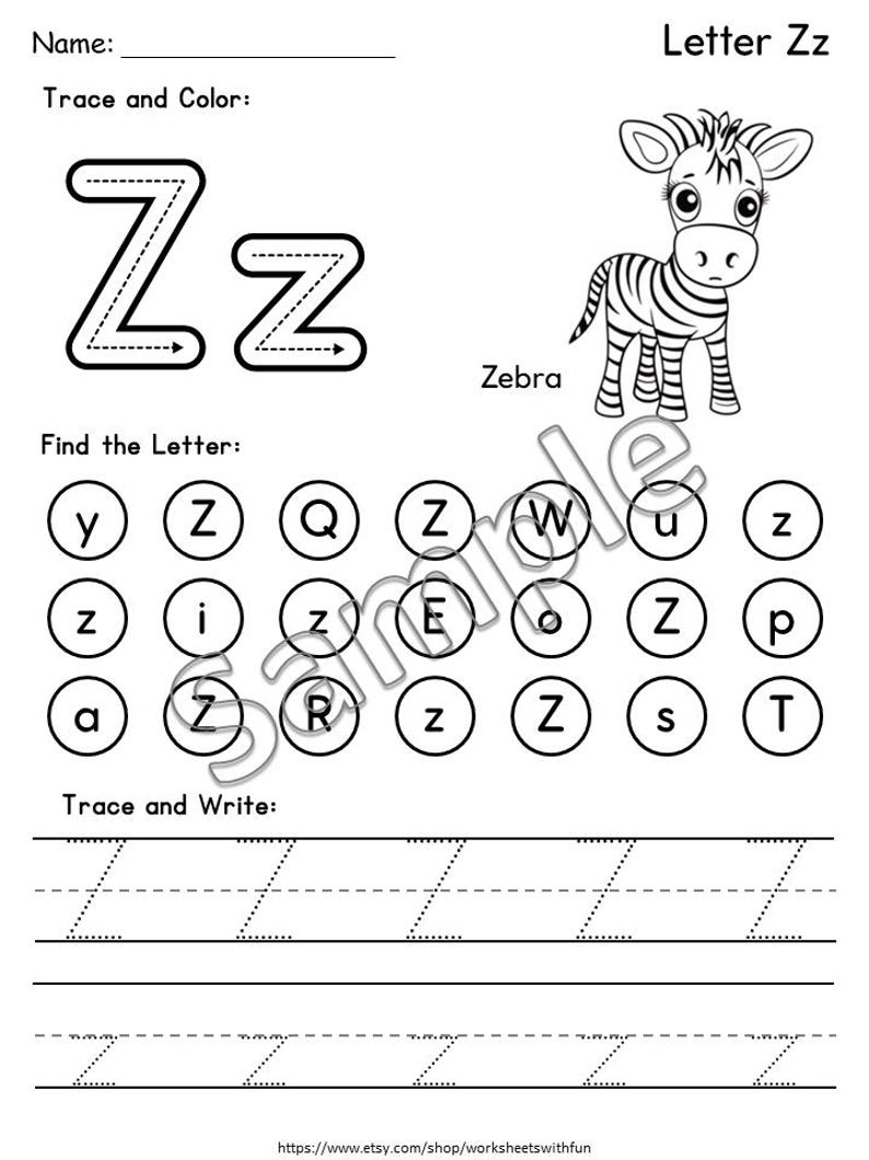 May include: Black and white printable worksheet for learning the letter Z. Includes tracing and writing practice, a find-the-letter activity, and a cartoon zebra illustration. The worksheet is designed for early learners.