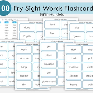 Sight Words Flashcards for Kindergarten, 100 Printable Fry Fifth Hundred Word Cards, High Frequency Words, Word Practice, Grade1  Reading