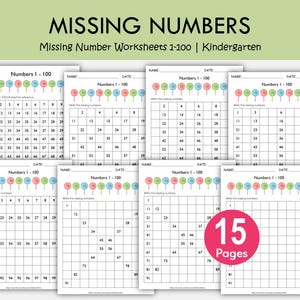 Puede incluir: Una colección de hojas de trabajo educativas tituladas Missing Numbers 1-100 para estudiantes de jardín de infancia. Cada página presenta una cuadrícula con números y espacios en blanco para completar, decorada con ilustraciones de piruletas.