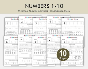 Preschool Number Tracing Worksheets, Numbers 1-10 Counting Activities (Digital Download)