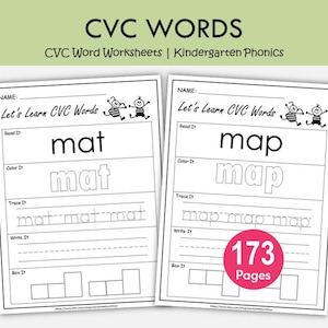 Hojas de trabajo de palabras CVC, fonética para jardín de infantes, imprimibles, actividades de lectura, trazado, escritura, color y caja, alfabetización de vocales cortas, ciencia de la lectura