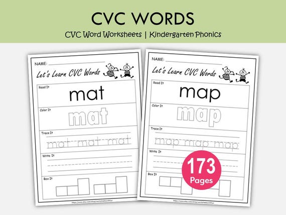 CVC Word Worksheets Kindergarten Phonics Printable | Read Trace Write Color Box It Activities | Short Vowel Literacy | Science of Reading