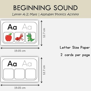 May include: Beginning Sound Letter A-Z Mats Alphabet Phonics Activity cards measuring 7.5 inches by 5 inches. Each card features the letter Aa, a dotted letter Aa for tracing, and three boxes containing illustrations of an apple, ant, and alligator.