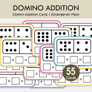 Domino Addition Cards Math Task Box, Preschool Math Printable, Montessori Math Activity, Pre-K Counting, Homeschool Addition Practice