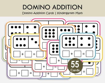 May include: A collection of Domino Addition cards featuring black dots on white backgrounds with colourful borders. Each card includes a math equation template with empty boxes for addition. A brown circular badge displays the text 55 Cards.