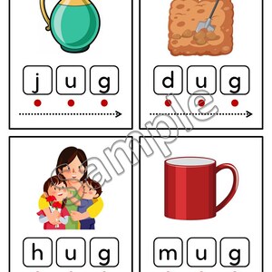 May include: Four flashcards for early literacy. The cards feature illustrations of a jug, a shovel digging in the dirt, a mother hugging two children, and a red mug. Each card has the corresponding word spelled out with letter blocks.