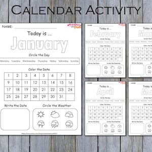 Preschool Calendar Worksheets Printable Kids Monthly Digital - Etsy
