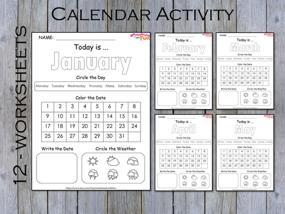 preschool calendar worksheets printable kids monthly digital etsy