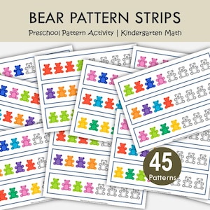 May include: A collection of printable paper strips featuring bear pattern activities for preschool and kindergarten math. Each strip displays sequences of colorful and outline-style bear icons. The text reads BEAR PATTERN STRIPS, Preschool Pattern Activity | Kindergarten Math, and 45 Patterns.