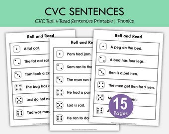 Roll and Read CVC Worksheets, Phonics Sentences, Kindergarten Reading Fluency Printable
