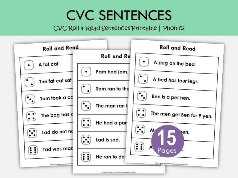 Roll and Read CVC Worksheets, Phonics Sentences, Kindergarten Reading ...