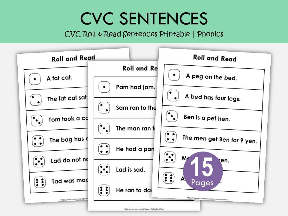 CVC Roll & Read Sentences Printable, Kindergarten Phonics Dice Game, Reading Fluency Activity, CVC Reading Worksheets, Literacy Center PDF