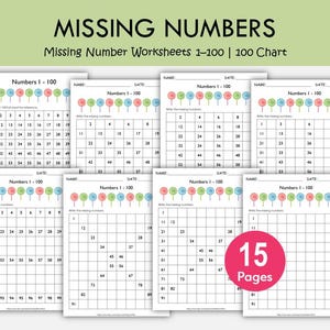 Missing Number Worksheets 1–100 | 100 Chart Math Printable | Number Sequencing Worksheets for Kindergarten
