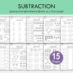 May include: A collection of 15 subtraction worksheets for first grade students. Each page features subtraction problems with visual aids like apples, bears, and smiley faces. The worksheets are designed to help children practice subtraction within 10.