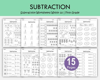 Single Digit Subtraction Worksheets Within 10 | Kindergarten Math Worksheets | First Grade Subtraction Activities | Printable Math Practice
