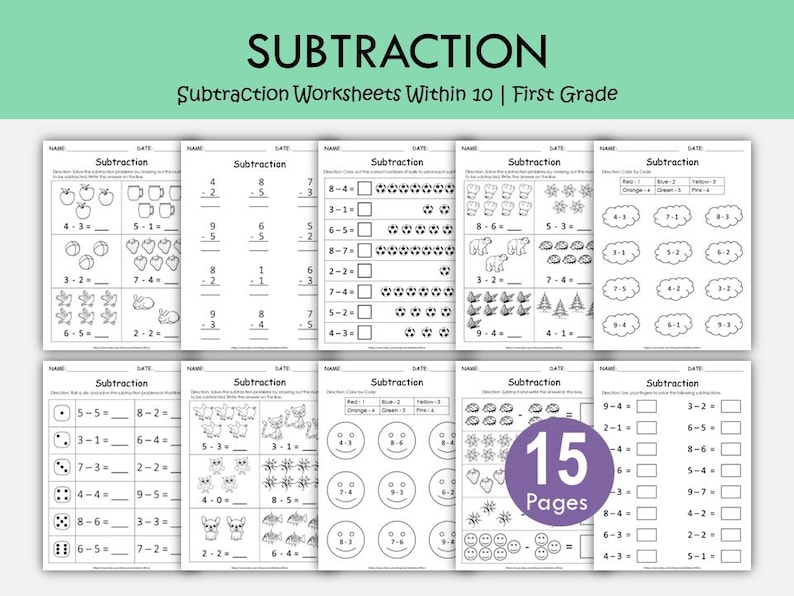 May include: A collection of 15 subtraction worksheets for first grade students. Each page features subtraction problems with visual aids like apples, bears, and smiley faces. The worksheets are designed to help children practice subtraction within 10.