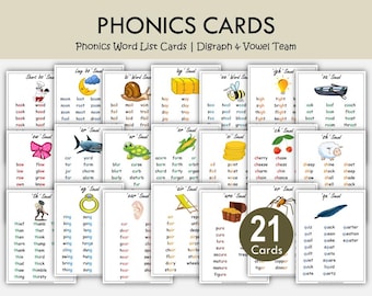 Phonics Word List Cards, Digraphs Vowel Teams Printable (21 Cards)