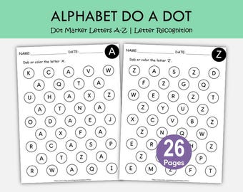 Alfabet doe-een-dot-werkbladen, stippen, letters a-z, fijne motoriek voorschoolse activiteit, letterherkenning, montessorioefening afdrukbaar