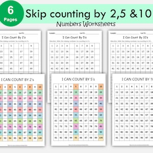 Schede didattiche per il conteggio a salti, tabelle stampabili per il conteggio a salti di 2, 5 e 10, poster per il conteggio a salti, numeri mancanti, matematica, bambini, scuola materna