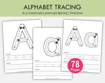 Arbetsblad för att spåra alfabetet i dagis, övning i att skriva i versaler och gemener, utskrivbar handstil för förskola, lära sig bokstäver i PDF-format