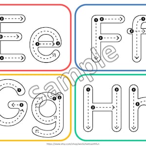May include: A printable worksheet with tracing lines for the letters E, e, F, f, G, g, H, and h. Each letter has numbered arrows indicating the order to trace the lines.