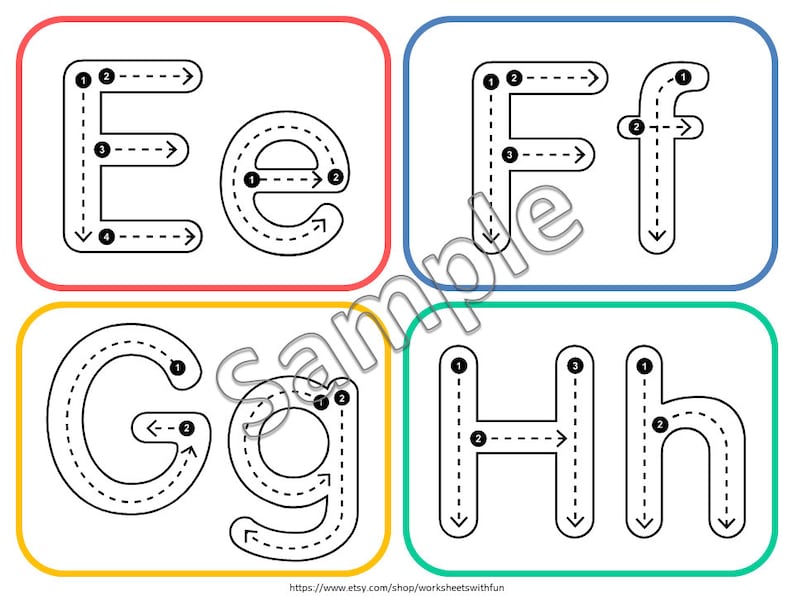 May include: A printable worksheet with tracing lines for the letters E, e, F, f, G, g, H, and h. Each letter has numbered arrows indicating the order to trace the lines.