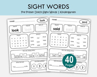 Pre Primer Dolch Sight Words Worksheets Printable, Kindergarten Reading Activities PDF,  Homeschool Literacy Centers