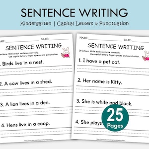 Sentence Writing Worksheets for Kindergarten | Capital Letters Spacing Punctuation | Early Writing Practice Printables