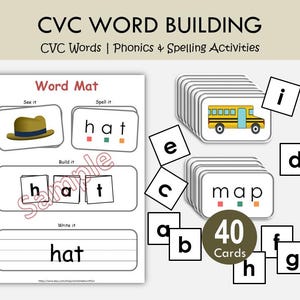 CVC単語構築マット（印刷可能）｜幼稚園・保育園児向けフォニックス＆スペリングアクティビティ｜CVC単語PDF