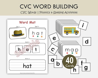 Tappetini stampabili per la costruzione di parole CVC / Attività di fonetica e ortografia per la scuola materna e l'asilo / Parole CVC PDF