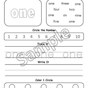 May include: Black and white educational worksheet for learning the number one. Includes sections to read, color, circle, trace, and write the word "one". Features a "Color 1 Circle" section with ten circles.