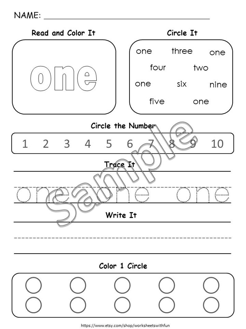 May include: Black and white educational worksheet for learning the number one. Includes sections to read, color, circle, trace, and write the word "one". Features a "Color 1 Circle" section with ten circles.