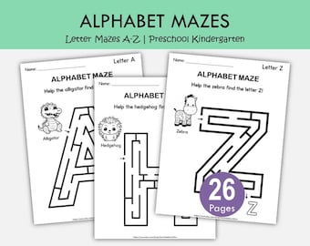 Alphabet Letter Mazes A-Z Printable Worksheets, Preschool Kindergarten Letter Recognition Activity