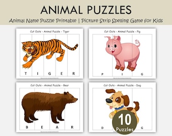 Animal Name Puzzles Printable | Preschool Alphabet & Spelling Matching Activity | Picture Strip Spelling Game for Kids