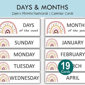 Days & Months Flashcards Printable for Preschool Kindergarten | Calendar Cards PDF | Homeschool Morning Meeting Learning