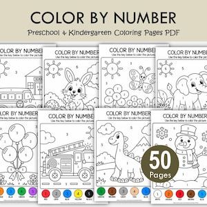 May include: A collection of black and white color by number activity sheets featuring illustrations of a school bus, rabbit, butterfly, elephant, balloons, fire truck, dinosaur, and snowman. Each page includes a numbered color key at the bottom.