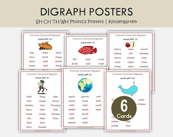 Digraph Posters for Kids, sh ch th wh Phonics Posters, Kindergarten Reading Wall Art, Printable Phonics Charts, Classroom Decor