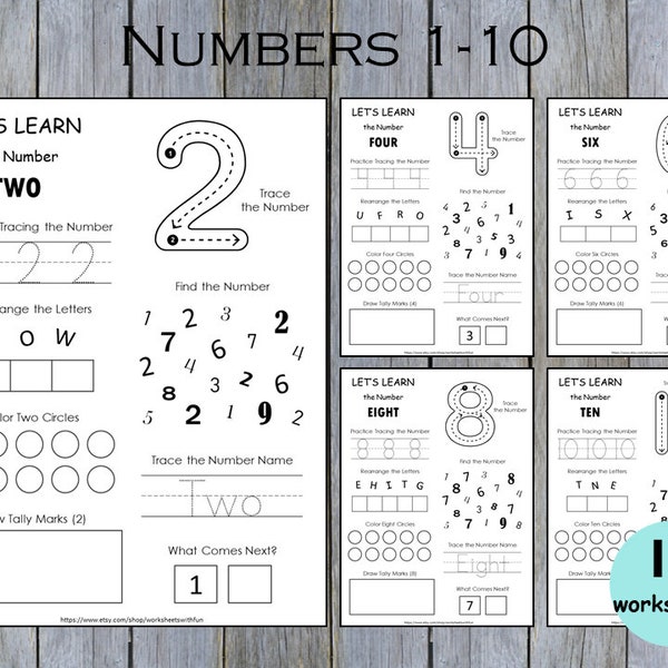 Hojas de trabajo numéricas para preescolar, números de rastreo del 1 al 10 imprimibles, número del día, plan de estudios preescolar, libro de ejercicios de matemáticas para jardín de infantes