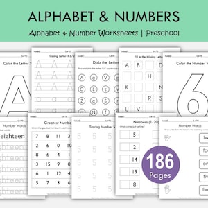 Pu&ograve; includere: Una raccolta di schede stampabili sull'alfabeto e sui numeri per la scuola materna. Le schede includono esercizi di tracciamento di lettere e numeri, attivit&agrave; di colorazione ed esercizi di riconoscimento dei numeri. L'immagine mostra varie pagine con il testo "ALPHABET & NUMBERS" e "186 Pages".