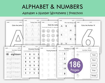 May include: A collection of printable alphabet and number worksheets for preschool. The worksheets include tracing letters and numbers, coloring activities, and number recognition exercises. The image shows a variety of pages with the text "ALPHABET & NUMBERS" and "186 Pages".
