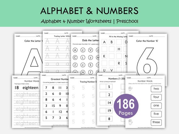 Alphabet & Number Worksheets Bundle, Preschool Kindergarten Activities, Letter Tracing, Numbers 1-20, Math Worksheets, Homeschool Printable