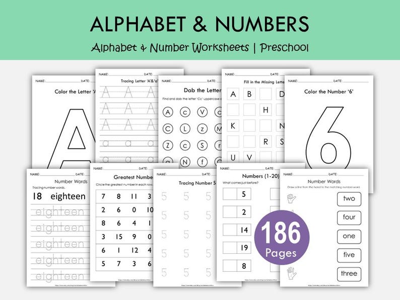 Pu&ograve; includere: Una raccolta di schede stampabili sull'alfabeto e sui numeri per la scuola materna. Le schede includono esercizi di tracciamento di lettere e numeri, attivit&agrave; di colorazione ed esercizi di riconoscimento dei numeri. L'immagine mostra varie pagine con il testo "ALPHABET & NUMBERS" e "186 Pages".