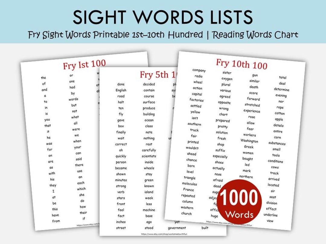 Fry Sight Words Printable 1st–10th Hundred | 1,000 Sight Words List |  Reading \u0026 Literacy Worksheets for Kids - Etsy Norway, image size:1080x810