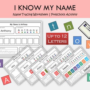 Può includere: Foglio di lavoro educativo intitolato "I Know My Name" per attività prescolari. Presenta esercizi di tracciamento dei nomi, blocchi di lettere ed esempi come "Anthony", "Mia" e "Isabella". Include il testo "Up to 12 Letters."