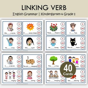Tarjetas con verbos de enlace / Verbo "To Be" imprimible / Tarjetas de tareas "Is Am Are" / Gramática de jardín de infantes y primer grado