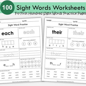 100 afdrukbare Sight Words-werkbladen, Fry First Hundred Sight Word Work, leren lezen, fonetiekboek kleuterschool, spelling peuter, graad 1