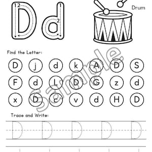 May include: Black and white worksheet for learning the letter "Dd". Includes tracing exercises for uppercase and lowercase letters, a drum illustration, and a letter-finding activity. The worksheet is designed for educational purposes.