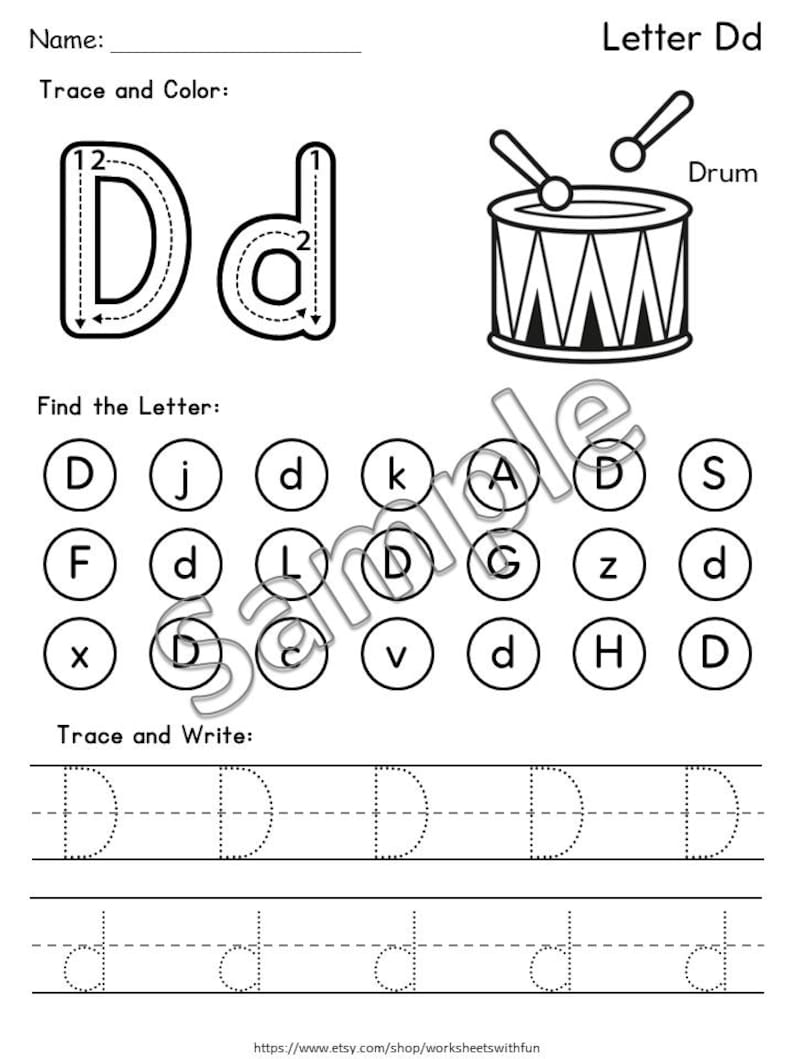 May include: Black and white worksheet for learning the letter "Dd". Includes tracing exercises for uppercase and lowercase letters, a drum illustration, and a letter-finding activity. The worksheet is designed for educational purposes.