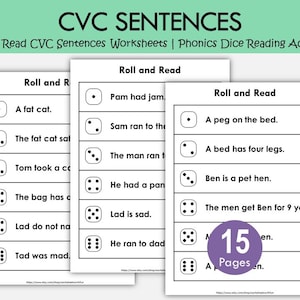 Roll & Read CVC Sentences Worksheets | Phonics Dice Reading Activity Printable for Kindergarten and Early Readers